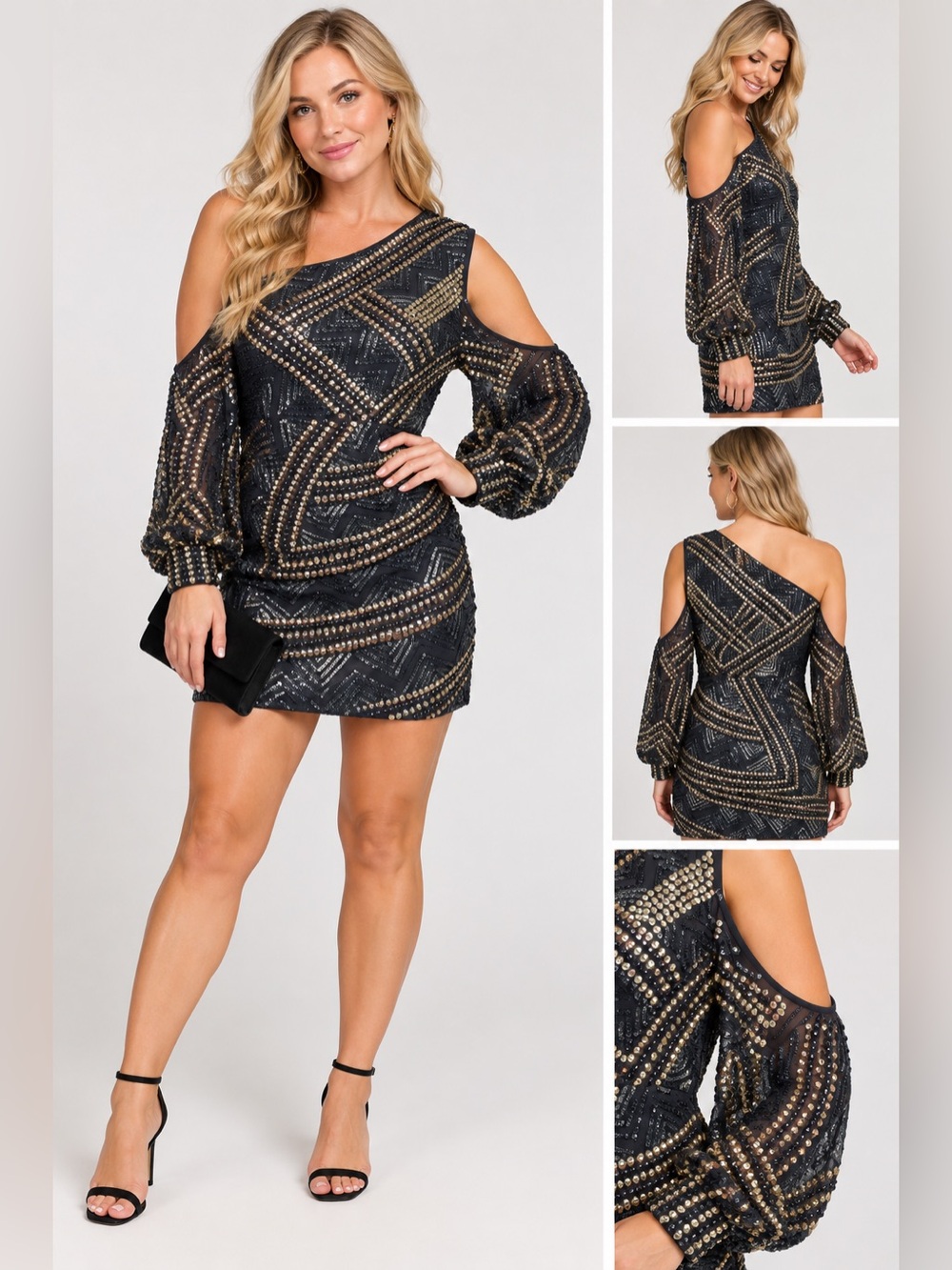 Black Gold Sequin One Shoulder Cold Shoulder Mini Dress